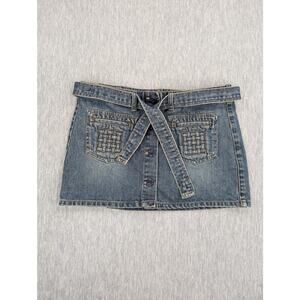 Vintage American Eagle Denim Skirt Womens 8 Blue Mini Belted Pockets Y2K Retro